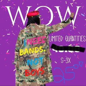Camouflage trench coat “I need bands not boys slogan” brand new still in pack